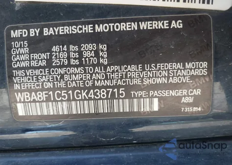 2016 BMW 328D xDrive из США, поврежденный, VIN WBA8F1C51GK438715